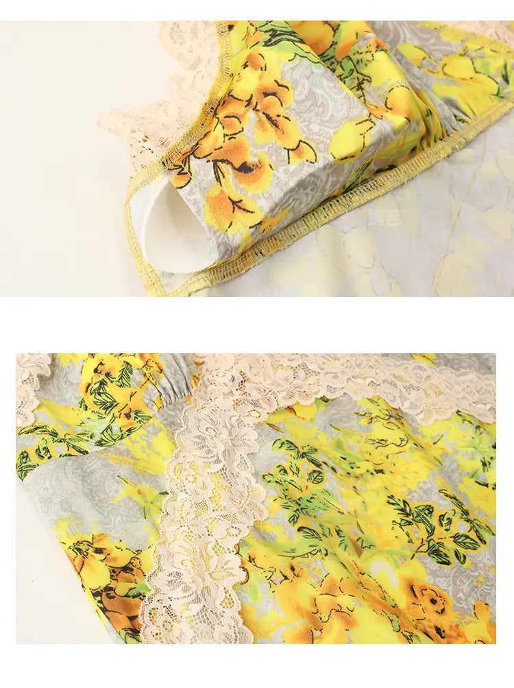 yellow floral satin cross lace nightdress featuring delicate white lace trim and a floral satin cross design on satin fabric
