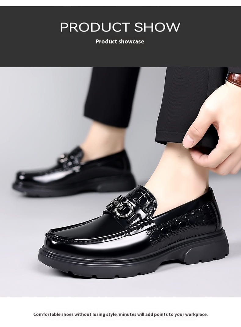 Black patent leather platform retro casual shoes featuring a crocodile texture on the side and a metallic buckle detail.