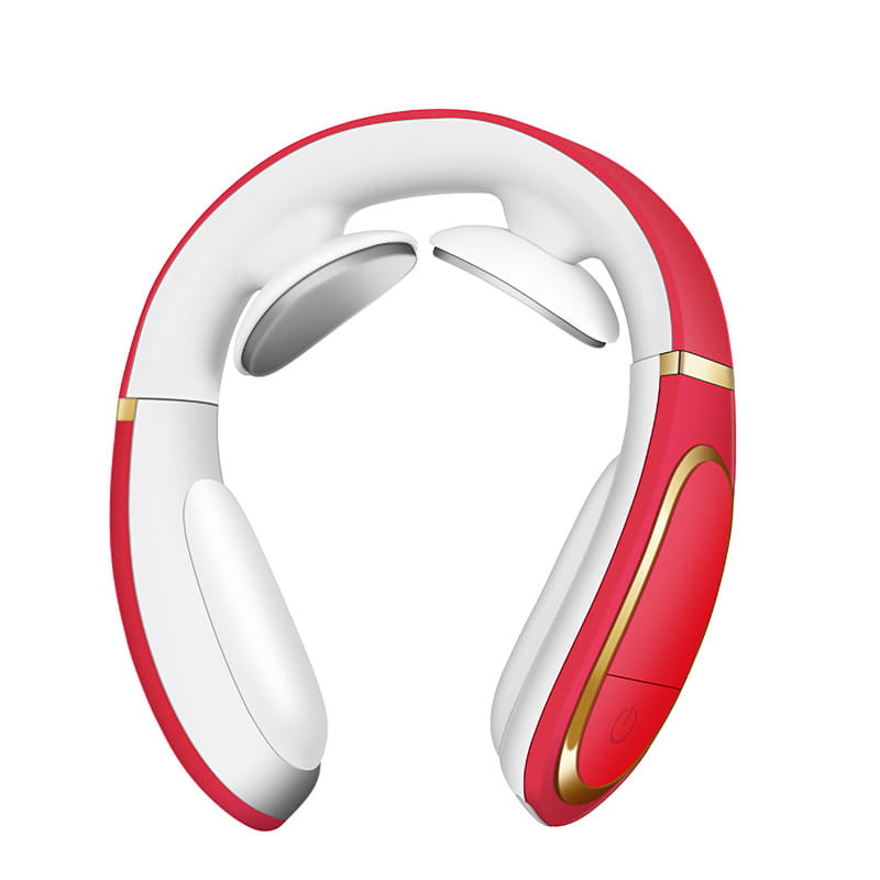 Red and white electric smart shoulder massager with gold accents featuring heating function for pain relief.