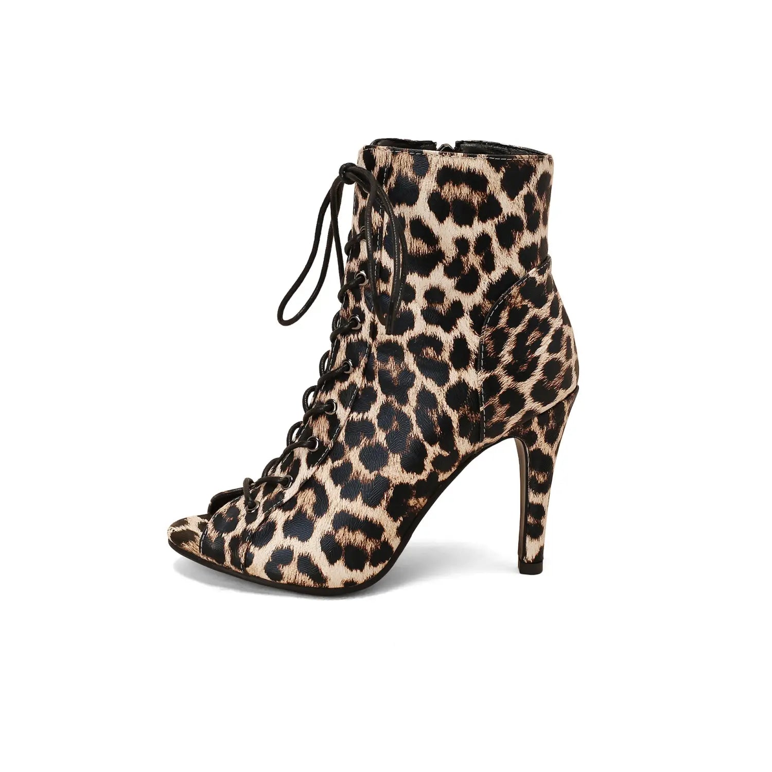 leopard print peep toe frosted ankle boot with black laces and high stiletto heel designed as toe frosted casual shoes