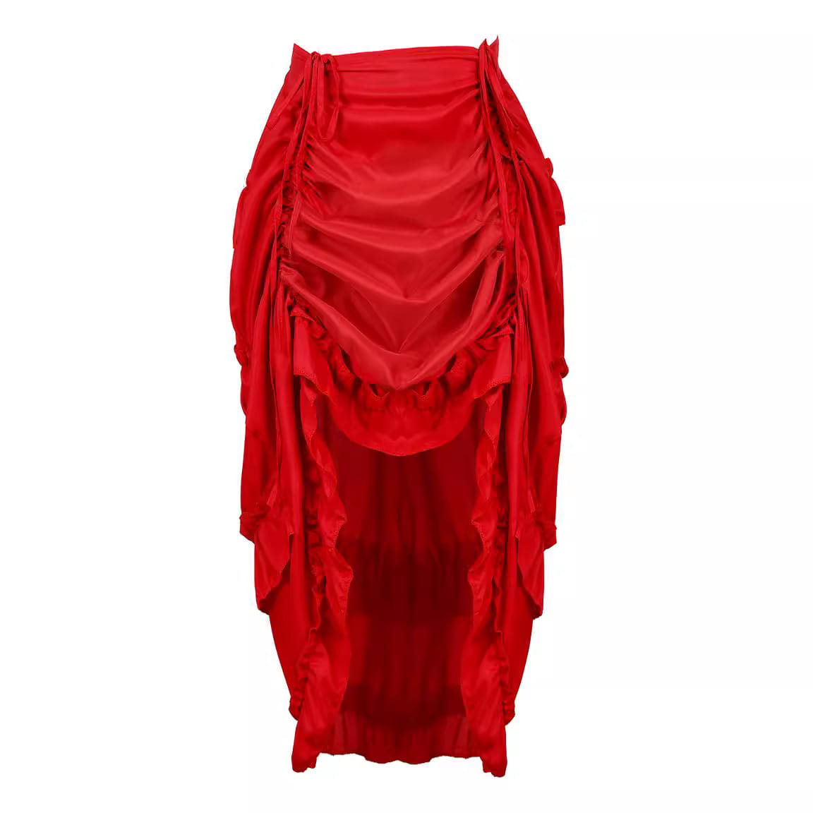 A vibrant red satin court irregular skirt featuring cascading ruched layers and flowing draped fabric showcasing the irregular skirt character uniform.