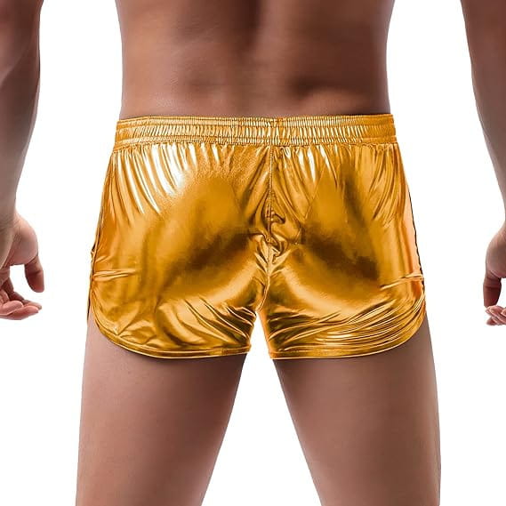 Shiny gold metallic snug fit shorts with elastic waistband designed as mens loose casual trendy shorts.
