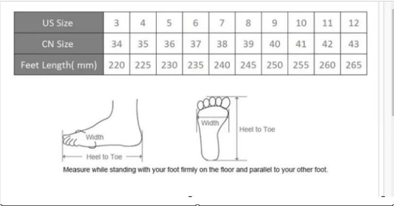 Size chart displaying us and cn shoe sizes with foot length in millimeters for black studded leather zipper wedges sandals designed as lightweight height increasing summer zipper wedges.
