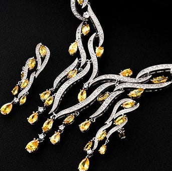a sparkling silver jewelry set featuring vibrant yellow teardrop-shaped gemstones in a crystal jewelry zircon design
