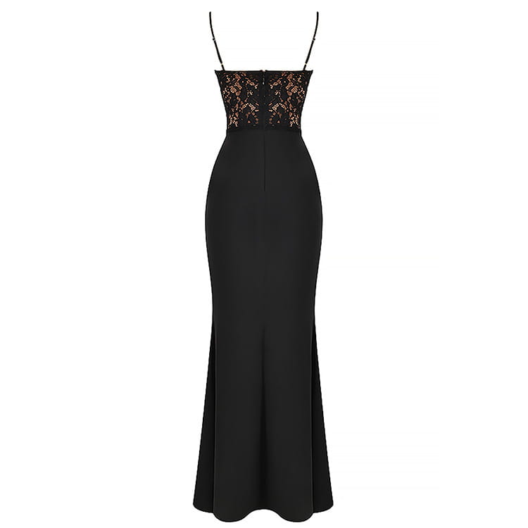 black lace high waist mermaid gown featuring delicate lace detailing at the bodice and thin spaghetti straps in a high waist long design