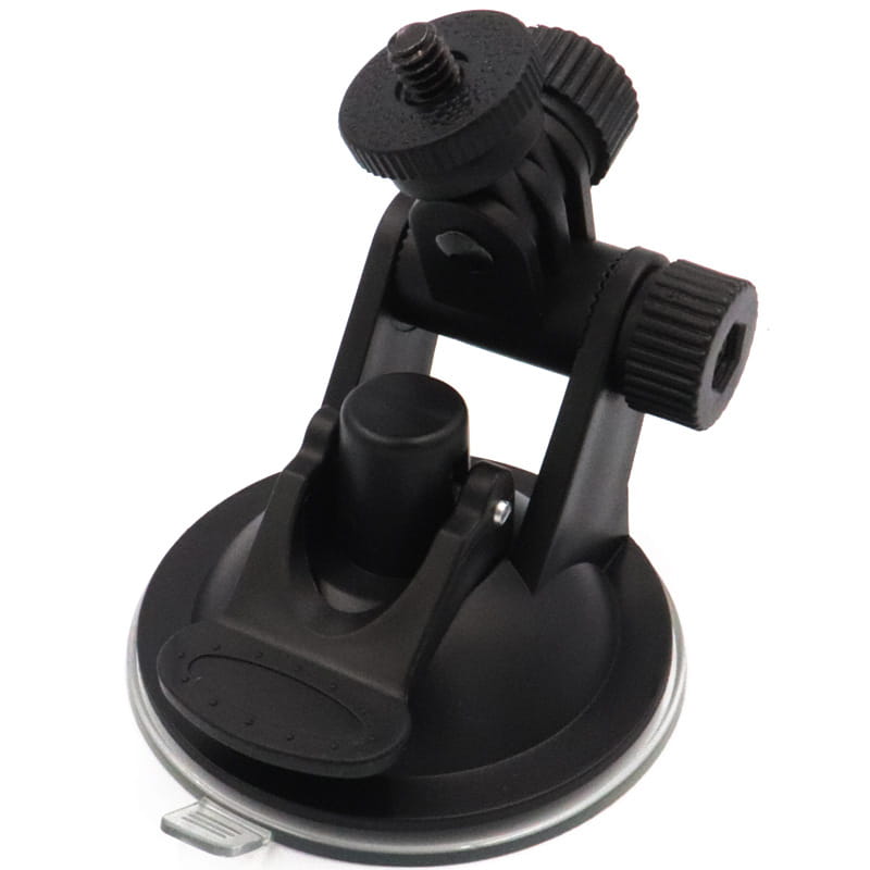 Black plastic adjustable sports camera suction cup mount with flexible arm and firm suction cup base for secure attachment.