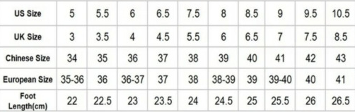 The image displays a size conversion chart for green minimalist square toe block heel sandals listing US UK Chinese and European sizes with corresponding foot lengths in centimeters.