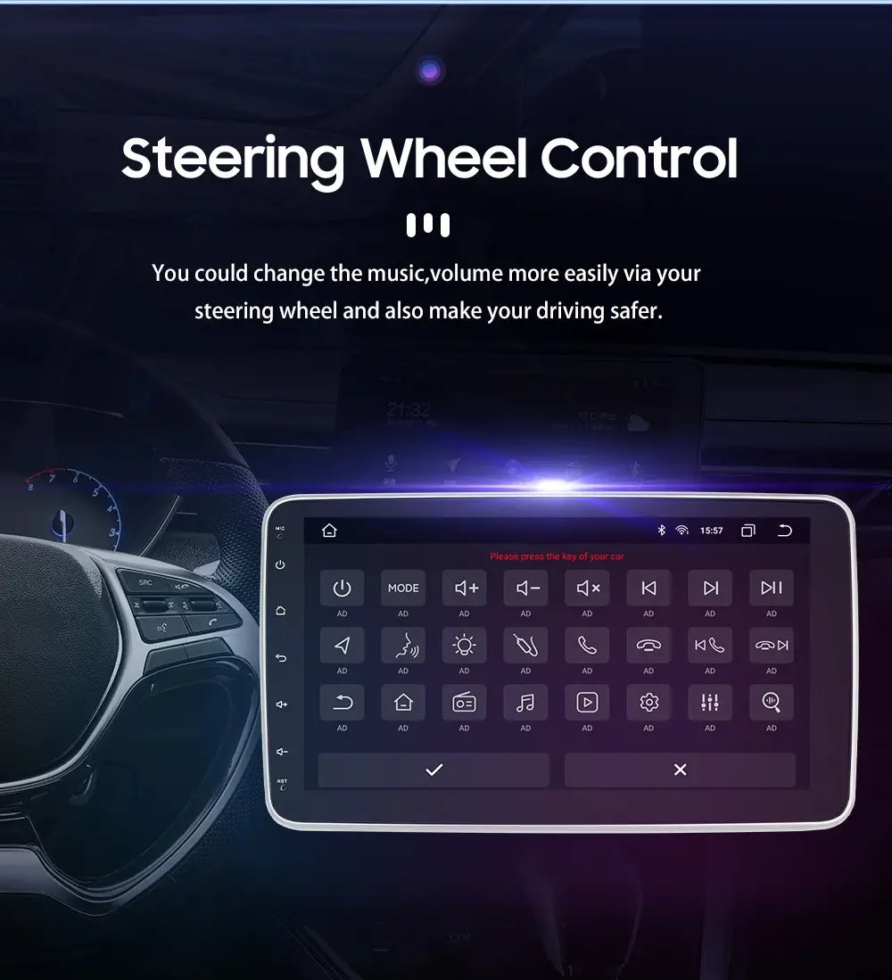 black and silver steering wheel control interface with a sleek touchscreen display showing music and phone controls on a 10.1 inch android car navigation wifi 4glte version carplay system