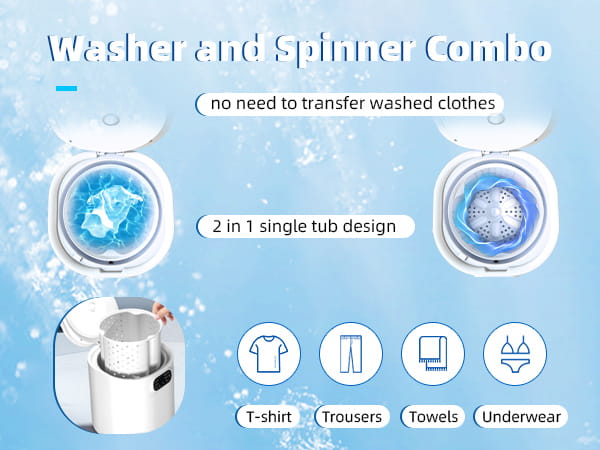 Portable white mini underwear washing machine with a 2-in-1 single tub design combining washer and spinner for convenient mini underwear washing.