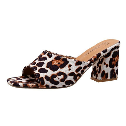 Leopard Square Toe Sandals Summer High-heeled Slippers Chunky Heel Shoes For Women - Royalessencelux
