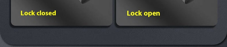black rectangular buttons labeled lock closed and lock open in yellow text on the back side of an automatic spring silver self-defense baton made of aluminium alloy
