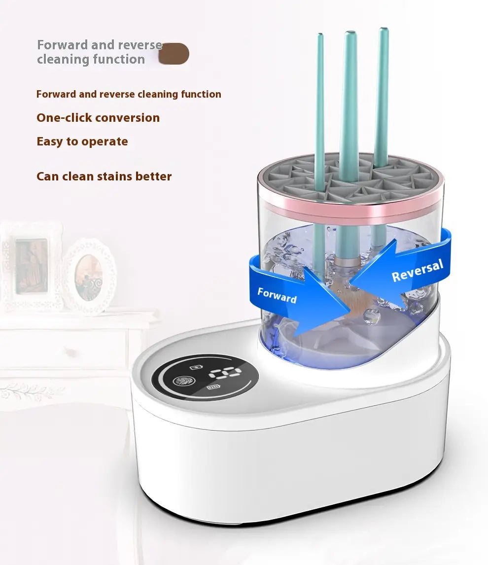 white electric makeup brush cleaner with pink accents and transparent cylindrical chamber featuring digital timer and forward reverse cleaning functions for effective brush cleaning