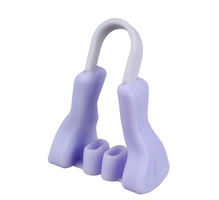 Light purple silicone nose reshaping clip with a curved handle and three finger-like prongs designed for silicone nose reshaping.