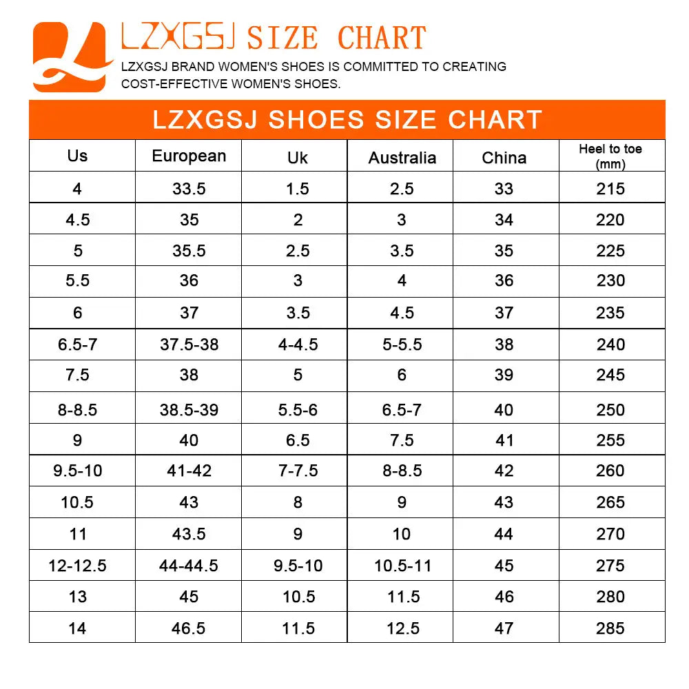 lzxgsj women’s shoe size chart showing conversions for high heel winter newsolid color pointed over-the-knee boots across us european uk australia and china systems with heel-to-toe measurements in millimeters
