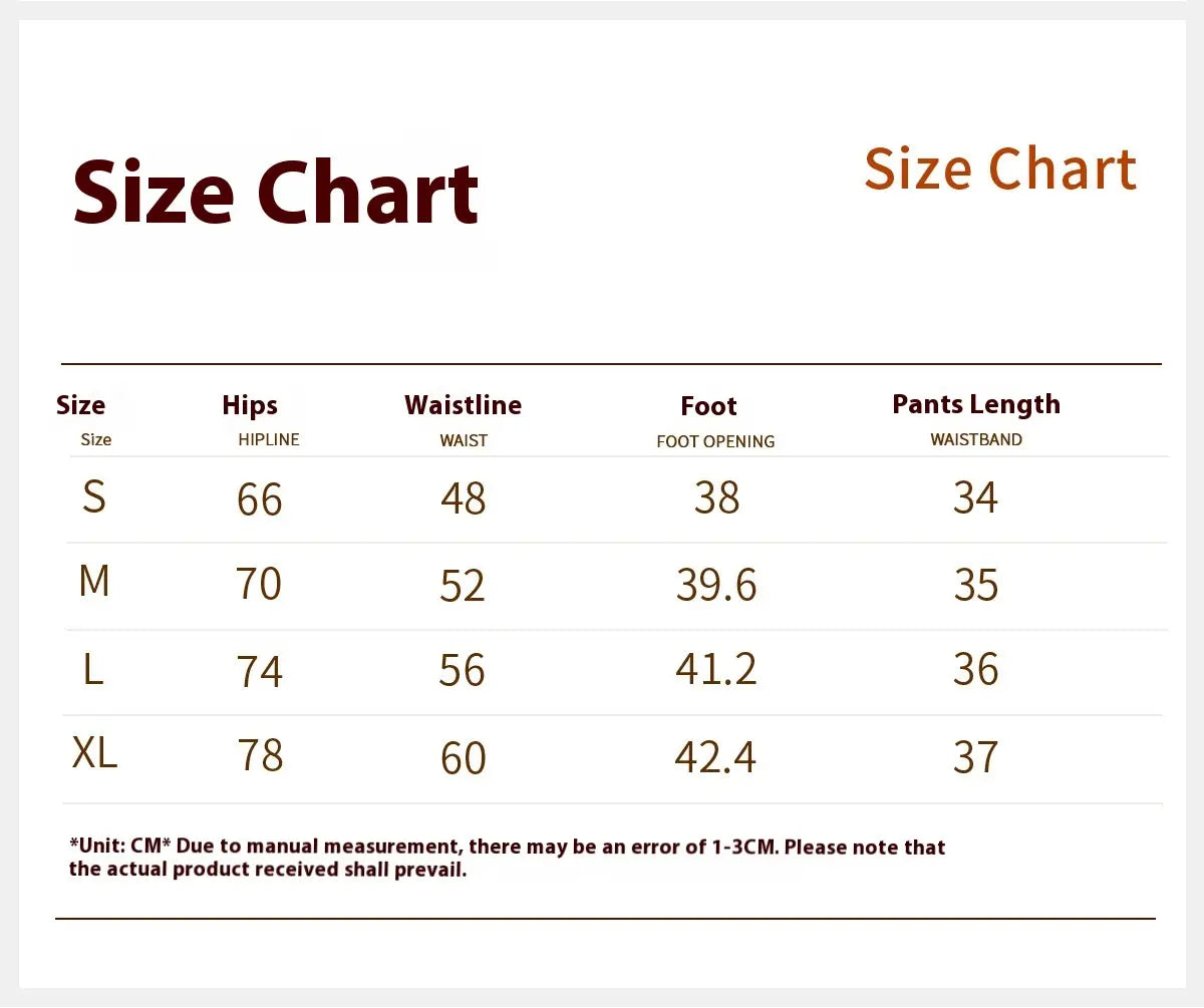 Size chart for maroon high waist suit outdoor running nude set displaying pants measurements in centimeters for sizes s through xl.