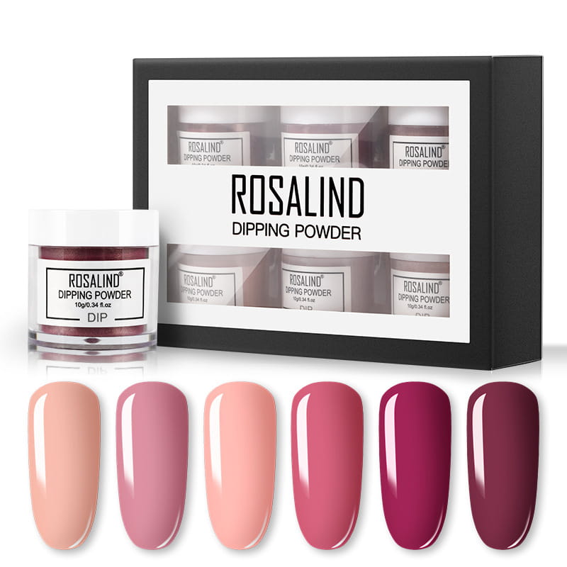 rosalind dipping powder in a clear jar with white lid in deep burgundy color labeled 10g 0.34 oz for nail art application from a dipping powder nail beauty set with brush