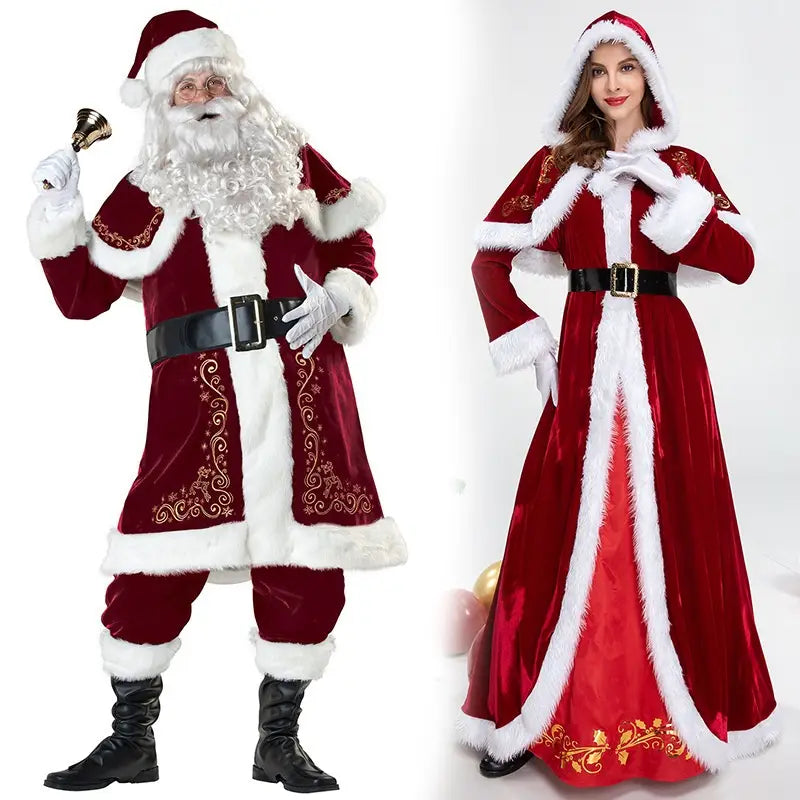 Luxury women’s clothing red velvet Santa Claus ball performance costume features white fur trim gold embroidery black belts and matching hats for Christmas ball performance.