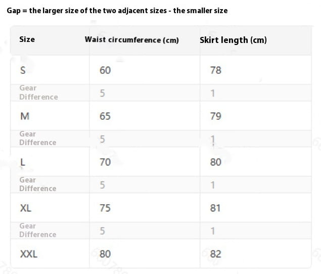 size chart for polka dots half body slim fit fishtail skirt showing waist circumference and length measurements for sizes s to xxl.