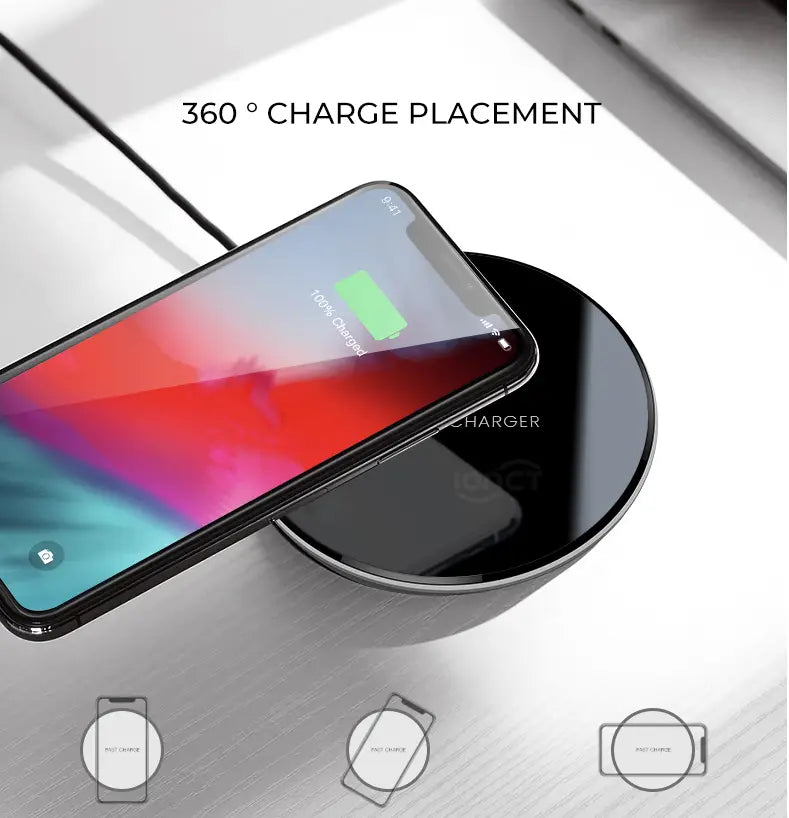 Black glossy wireless charger smooth 15w with a sleek minimalist design and circular shape for efficient charging.