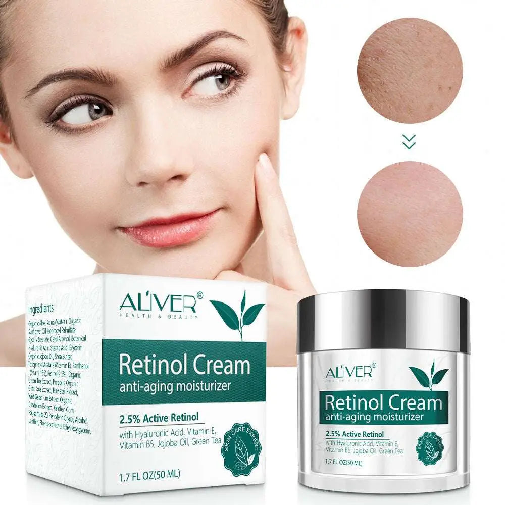 Aliver retinol cream anti aging moisturizer in a sleek silver jar with 2.5% active retinol for skin renewal