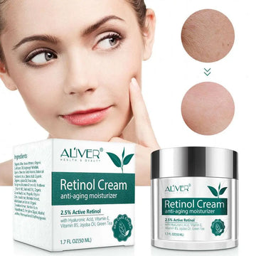 Aliver retinol cream anti aging moisturizer in a sleek silver jar with 2.5% active retinol for skin renewal