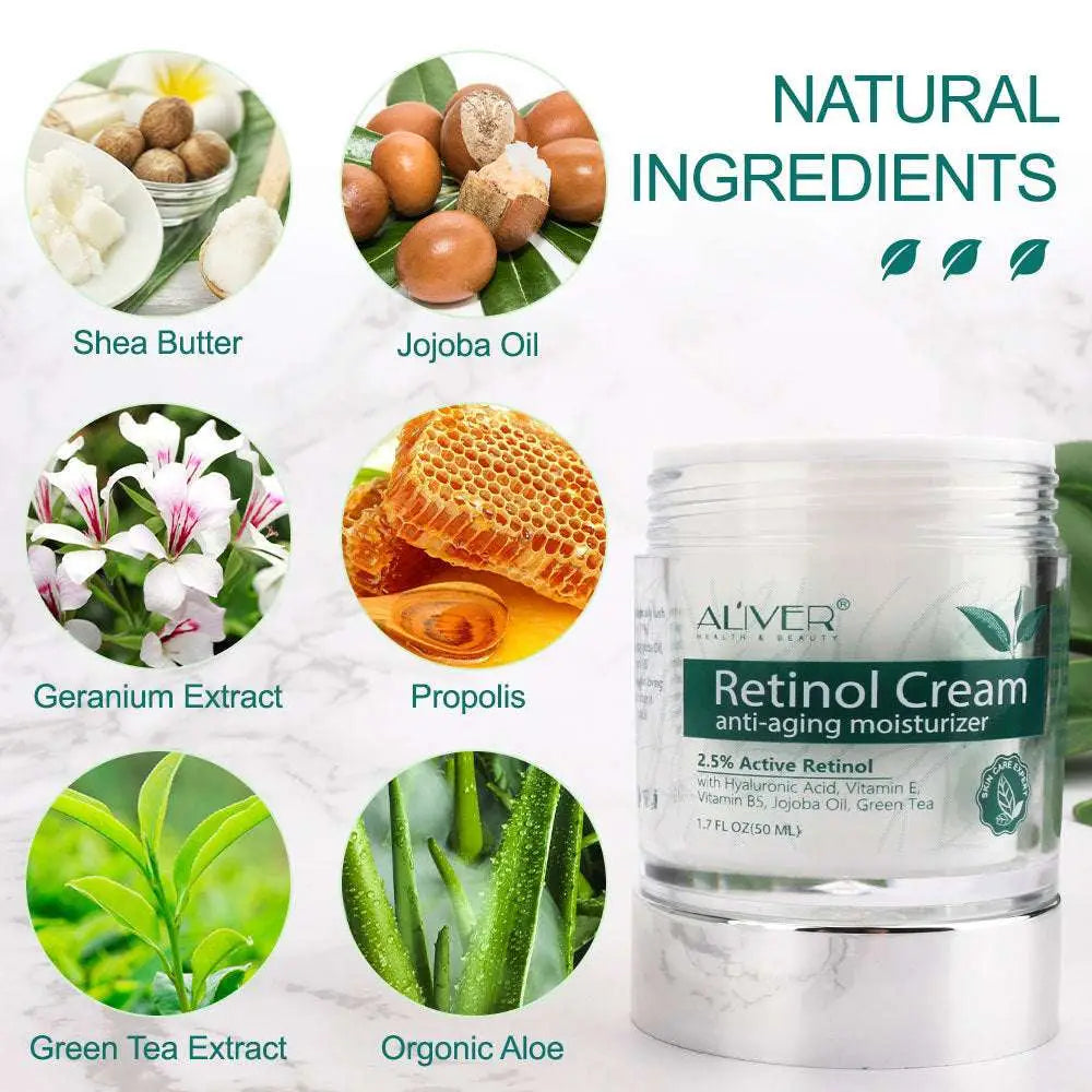 Clear glass jar with silver base containing aliver retinol cream 2.5% active retinol anti aging moisturizer with natural ingredients