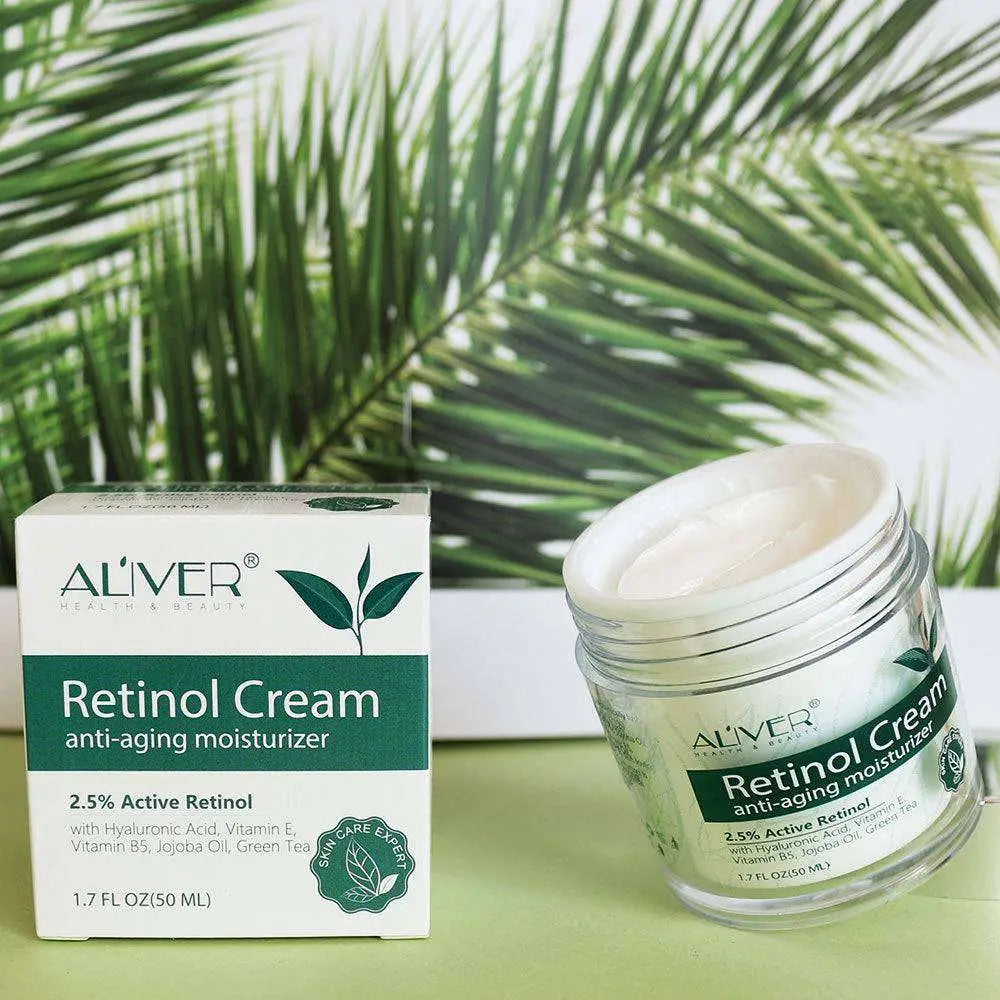 Aliver retinol cream anti aging moisturizer in a sleek silver jar with 2.5% active retinol for skin renewal
