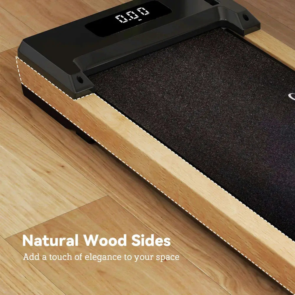 Black 2.5hp wood walking pad treadmill with natural wood sides, shock-absorbing belt, remote control, and wheels