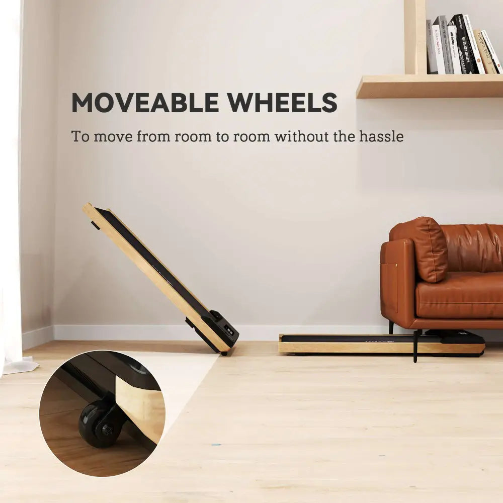 A sleek foldable wood walking pad with a 2.5hp motor and shock-absorbing belt in light wood frame and black belt