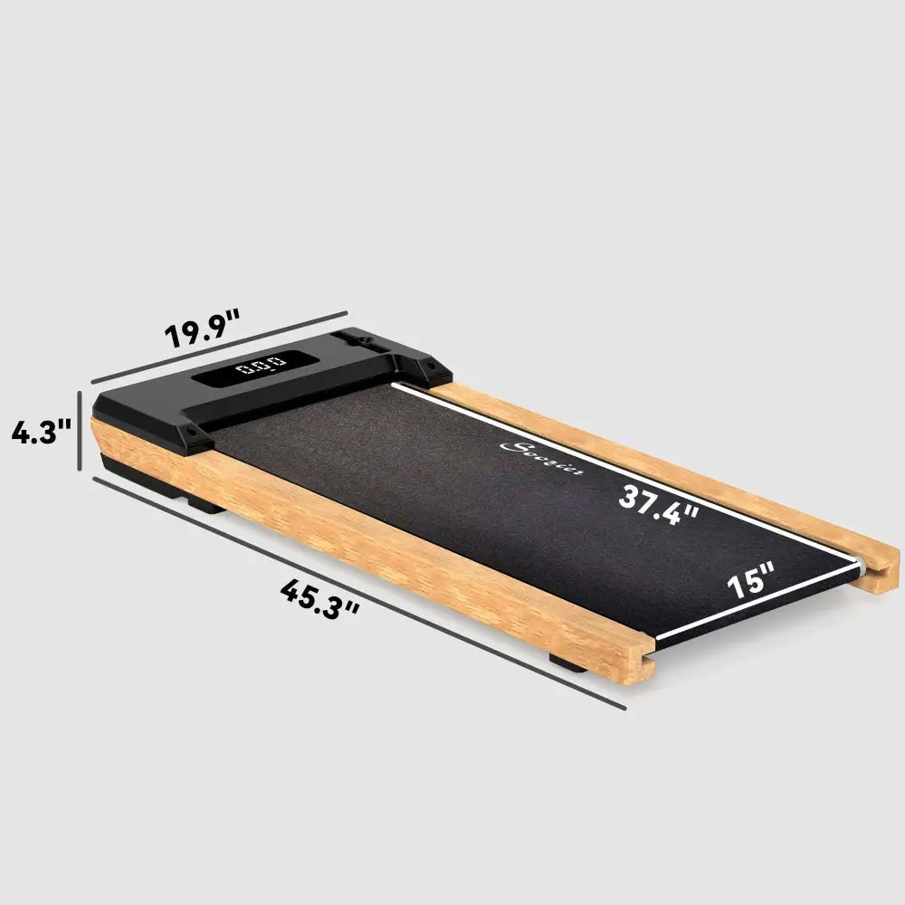 Compact foldable wood walking pad with black shock-absorbing belt, light wood panels, 2.5hp motor, and digital display