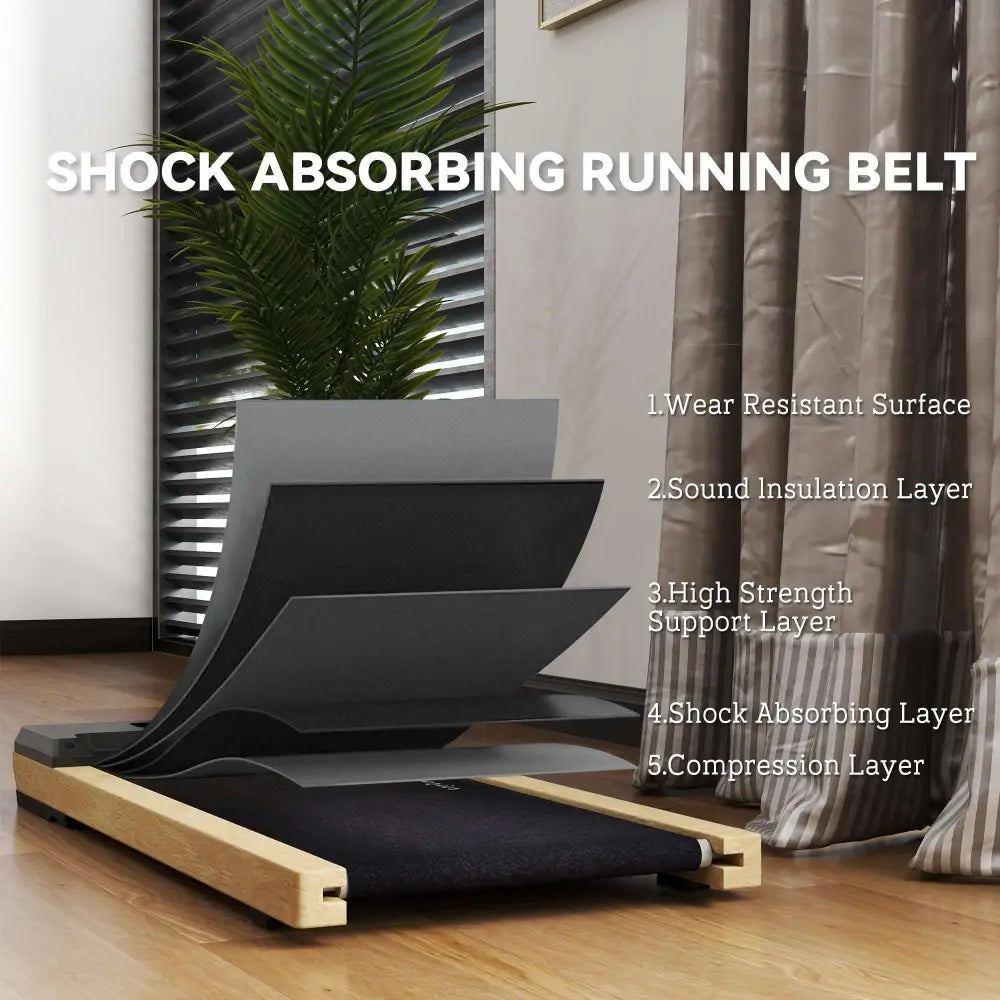Black shock-absorbing running belt with layered construction and wooden frame for 2.5hp wood walking pad