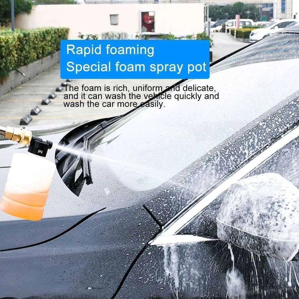 White and orange foam spray pot with brass nozzle for rapid foaming on battery cordless car high pressure washer