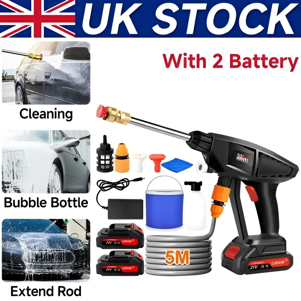 Black and orange battery cordless car high pressure washer with 2 batteries, metal nozzle, and extendable rod for enhanced user experience