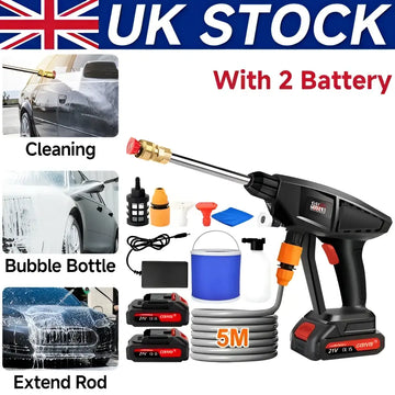 Black and orange battery cordless car high pressure washer with 2 batteries, metal nozzle, and extendable rod for enhanced user experience