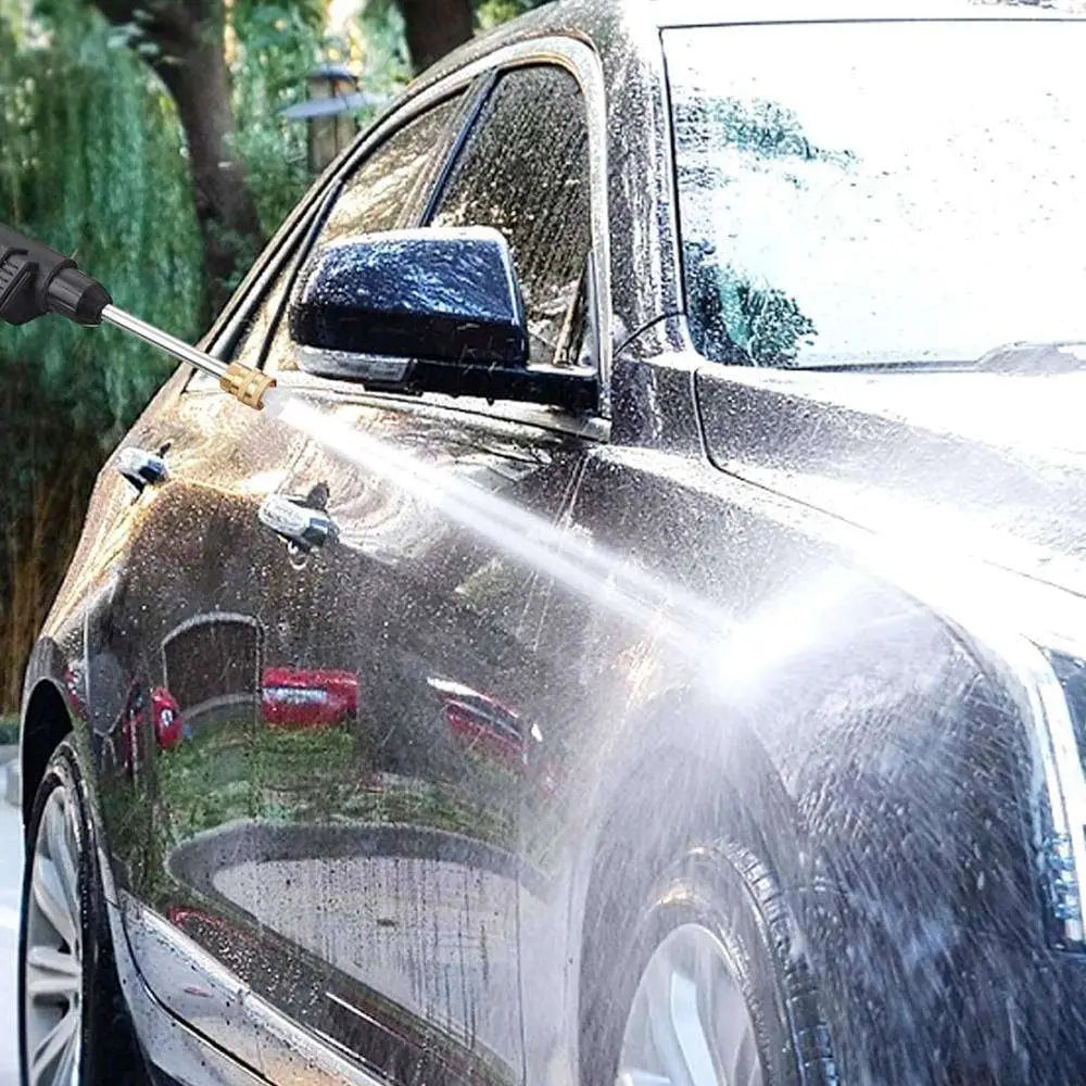 Black car being washed with a battery cordless car high pressure washer nozzle for improved user experience