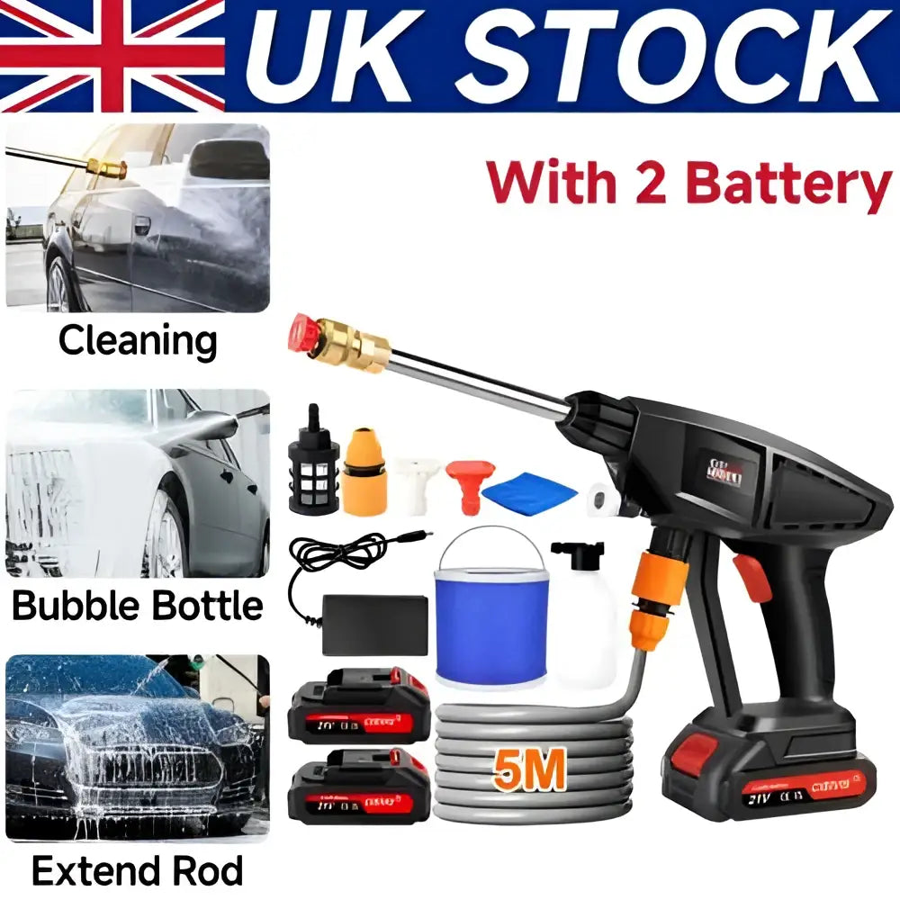 Black and orange battery cordless car high pressure washer with 2 batteries, 5-meter hose, and cleaning accessories for user experience