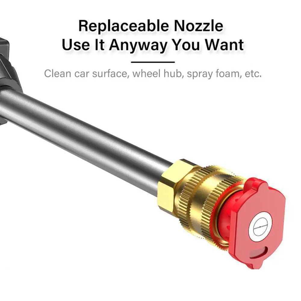 Red and brass replaceable nozzle for battery cordless car high pressure washer designed to enhance user experience