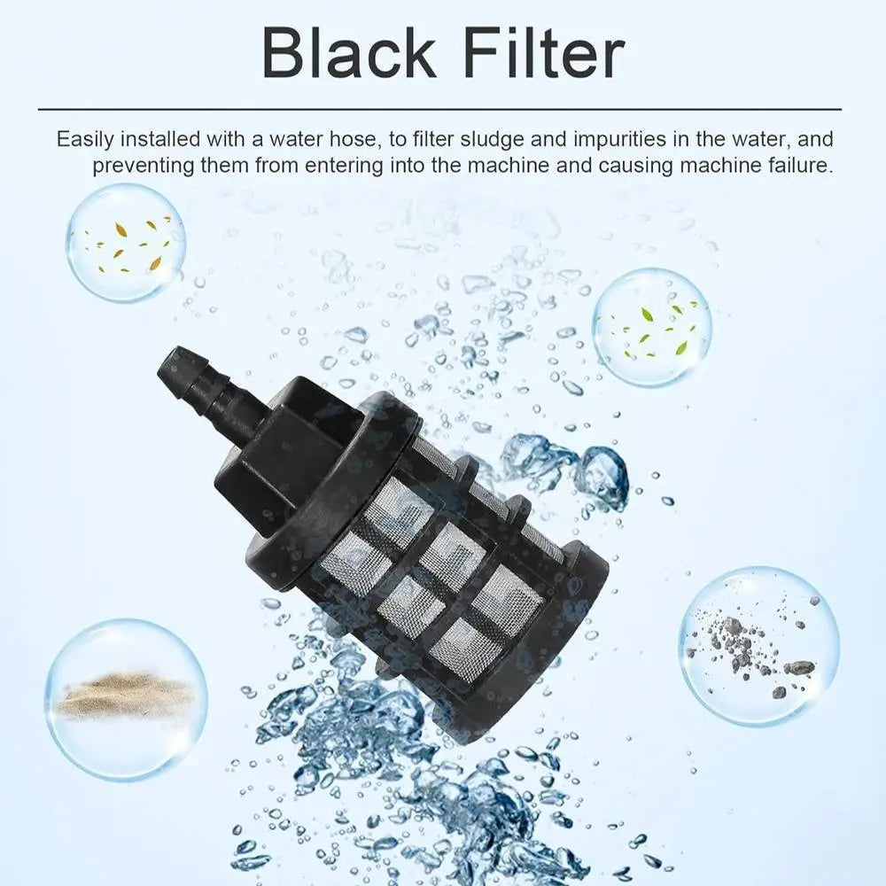 Black cylindrical water filter with mesh screen and threaded connector for battery cordless car high pressure washer user experience