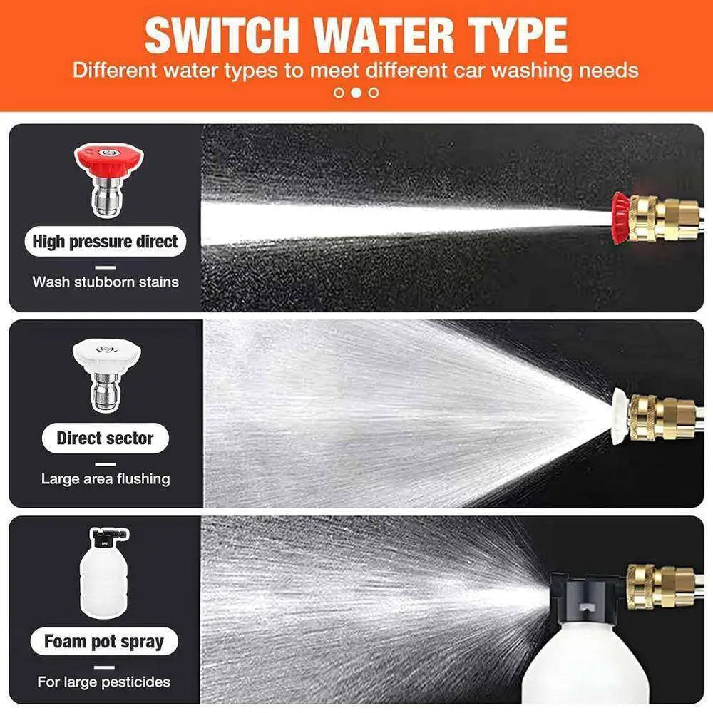 Red white and black nozzle attachments for battery cordless car high pressure washer enhancing user experience