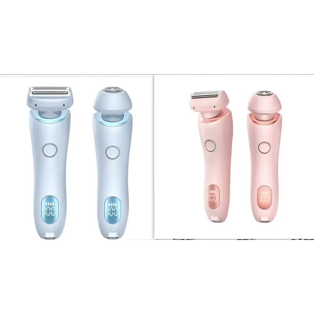 Two 2 in 1 led hair removal epilators in light blue and pink with ergonomic design usb charging and efficient hair removal features