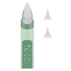 A sleek mint-green nasal aspirator baby with a transparent silicone tip and two cone attachments for blackhead remover