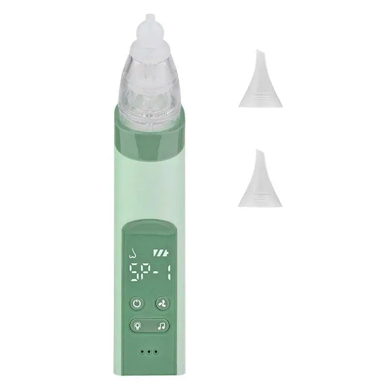 A sleek mint-green nasal aspirator baby with a transparent silicone tip and two cone attachments for blackhead remover