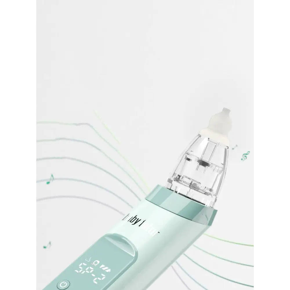 A sleek mint-green nasal aspirator baby with transparent silicone tip and digital display for blackhead remover use
