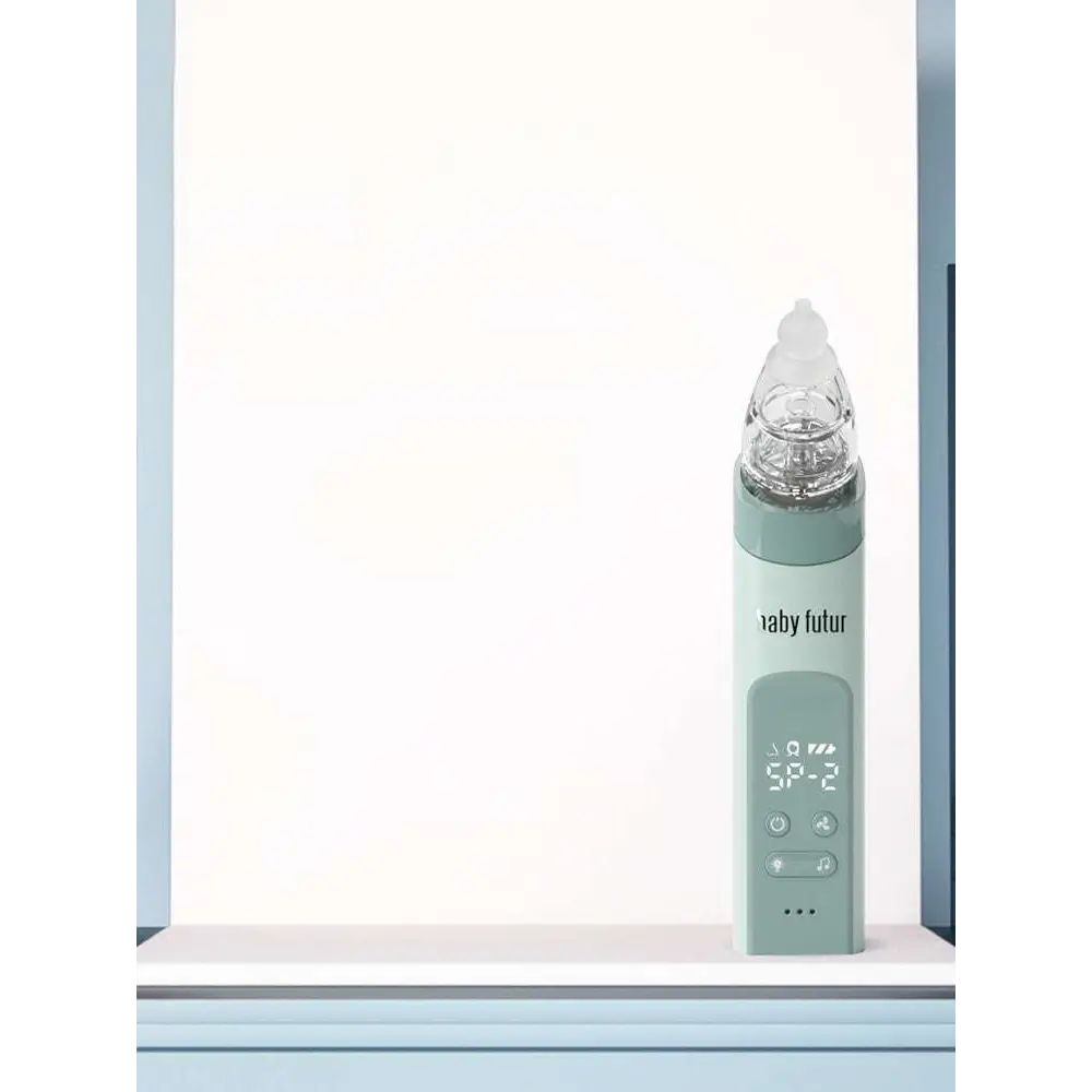 A sleek mint-green baby nasal aspirator with digital display and transparent silicone tip for blackhead removal