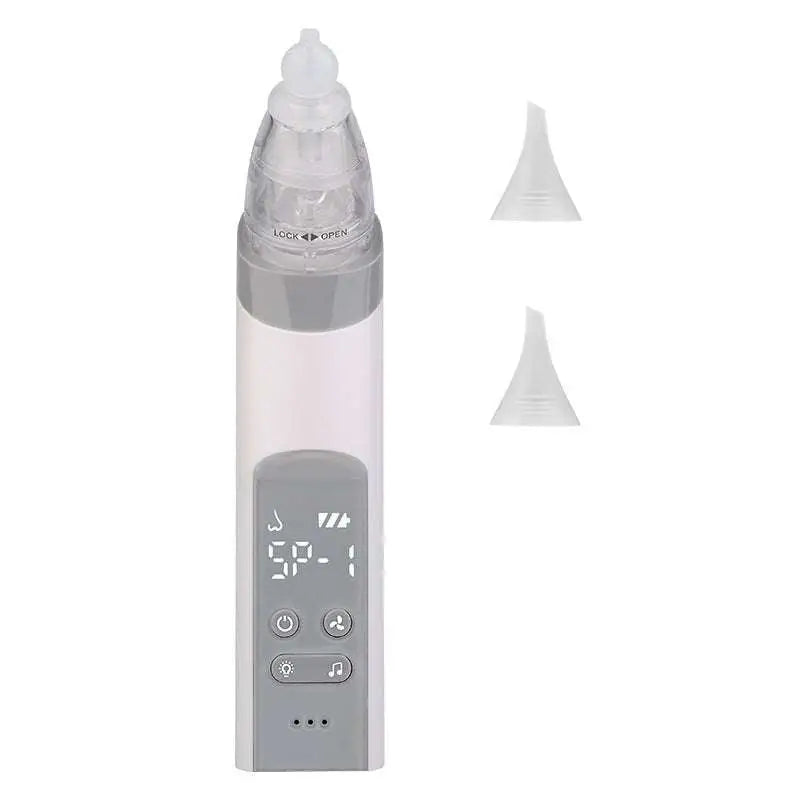 Gray and transparent 2 in 1 nasal aspirator baby with digital display and blackhead remover featuring interchangeable tips
