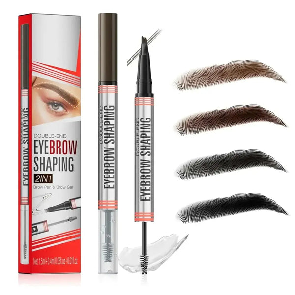 Silver and pink 2-in-1 waterproof eyebrow pen and brow gel makeup kit with brown, dark brown, black, and natural brow shades to match dark tones and create clear brow looks