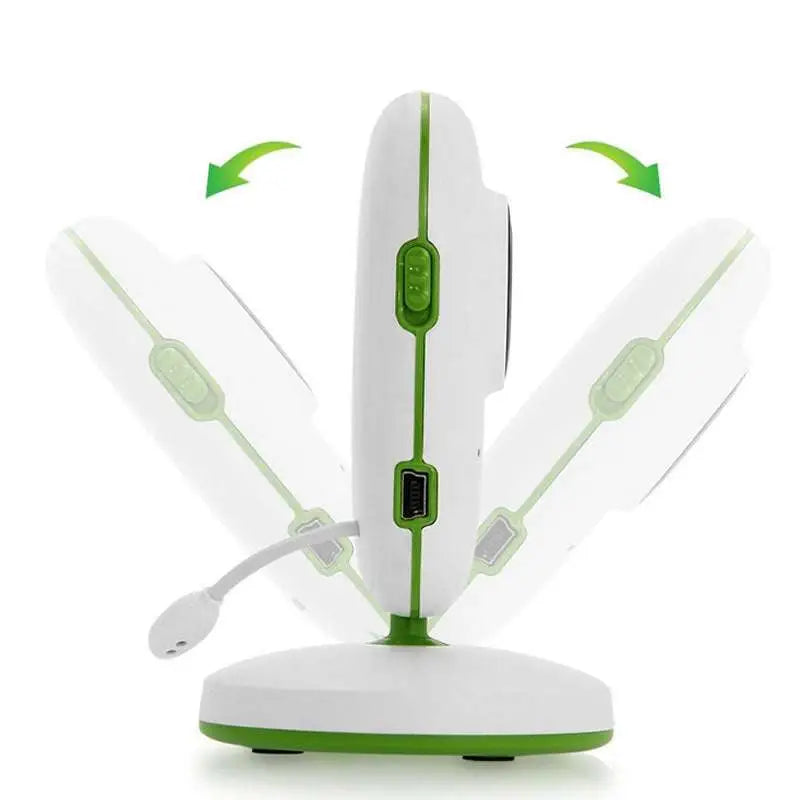 White and green 2 inch wireless intercom baby video monitor with sleek rounded design featuring usb port and power button