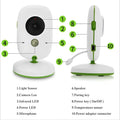 White and green wireless intercom baby video monitor with rounded body and labeled sensors including 400mah lithium polymer battery