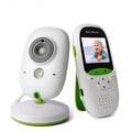 White and green 2 inch wireless intercom baby video monitor with camera on stand and handheld receiver showing smiling infant