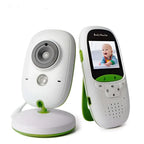 White and green 2 inch wireless intercom baby video monitor with camera on stand and handheld receiver showing smiling infant